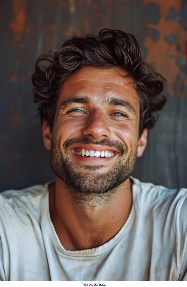 Close-up Portrait of a Smiling Man with Curly Hair