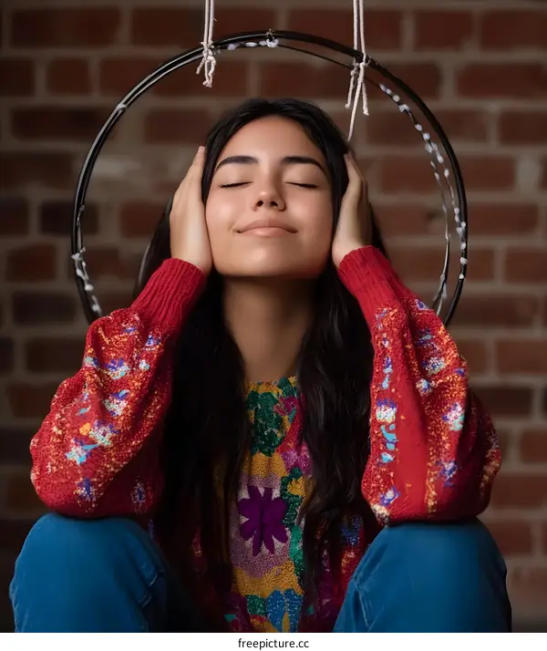 Young Woman Sitting with Eyes Closed in Front of a Brick Wall