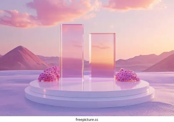 Pink Sunset Display Podium with Flowers