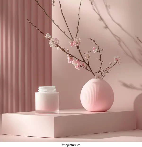 A pink vase of cherry blossoms on a pink background