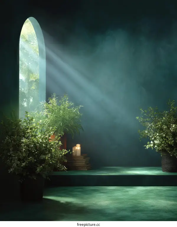 Sunlight Streaming Through an Archway in a Dark Teal Room