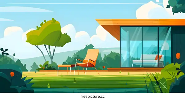 Modern House with Patio and Chair in Front of Large Glass Windows