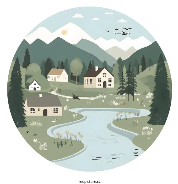 Illustrated Landscape With Mountains and River