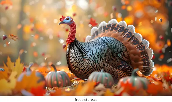 A majestic turkey stands in a field of pumpkins and fall leaves.