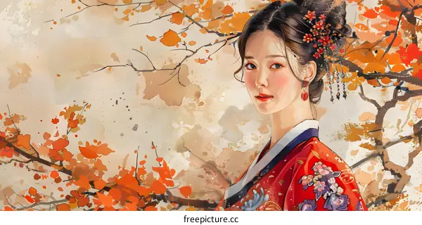 A beautiful Korean woman in traditional dress stands in a field of autumn leaves.
