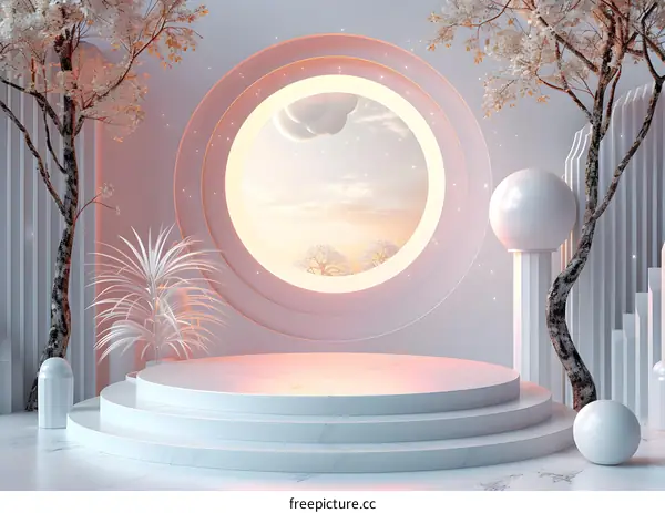 Pink and White Scene with Circle Window and Plants