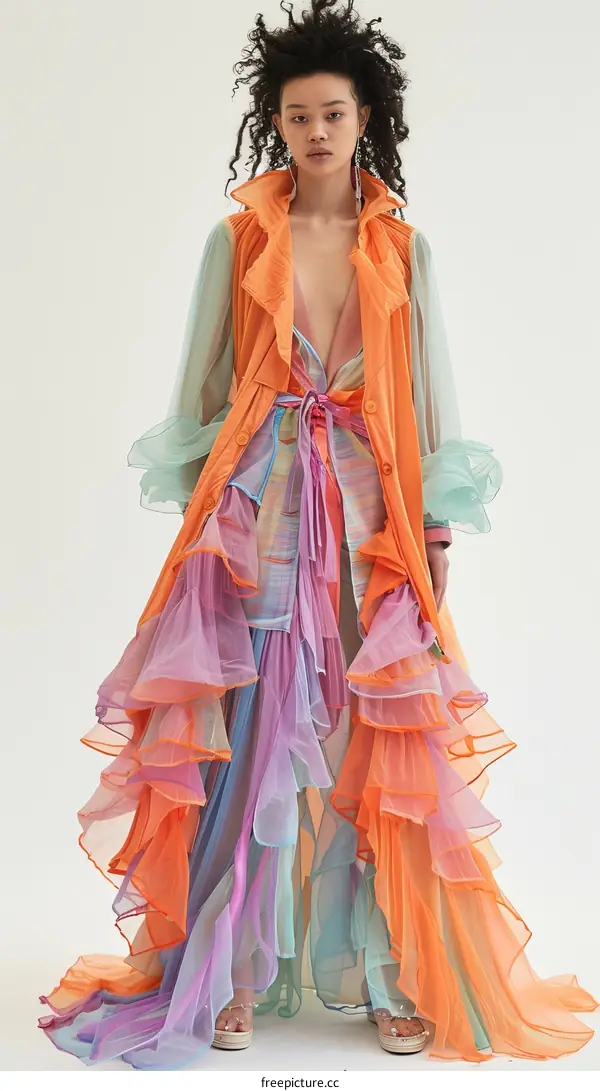 Black female model with curly hair wearing an orange ruffled dress