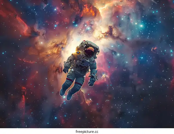 An astronaut in a spacesuit floats in the vastness of the cosmos