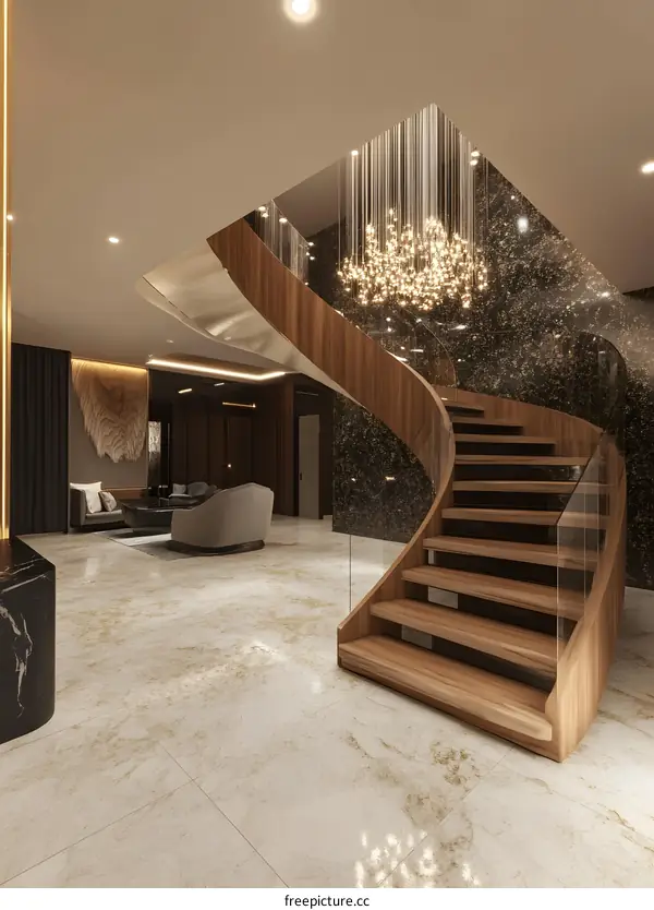 Modern Staircase Design with Wooden Steps and Glass Railing