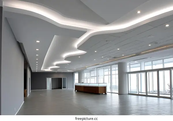 Modern Office Lobby with Stylish Ceiling Design