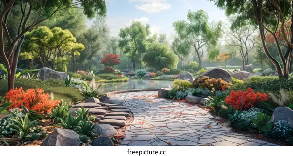 Zen Garden Landscape with Stone Path and Tranquil Pond