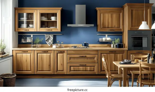 Elegant Wooden Kitchen Cabinets with Blue Walls