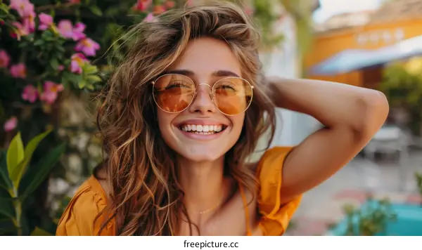 Smiling Woman Outdoors with Stylish Sunglasses
