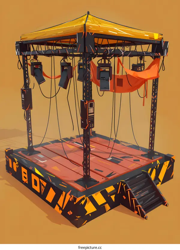 Yellow and Black Stage with Orange Canopy and Lights