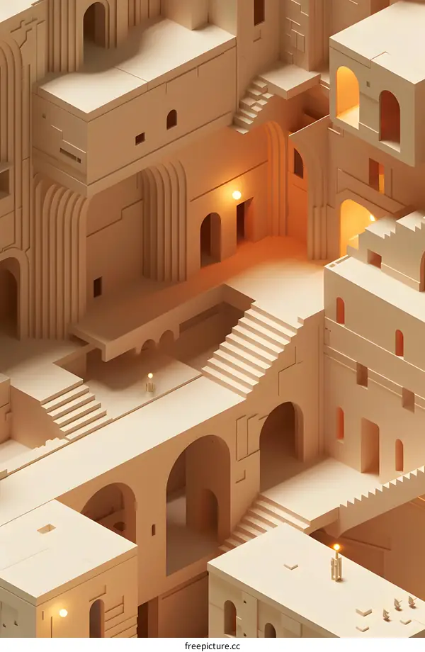 Abstract 3D Illustration of an Architectural Structure with Arched Passages and Staircases