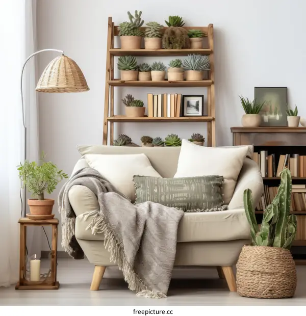 Cozy Living Room with Comfortable Couch and Plants
