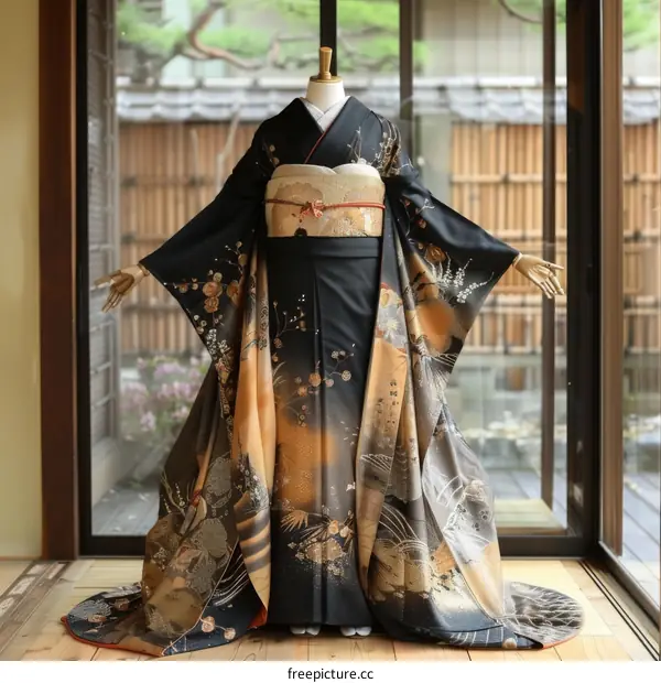 A kimono with a black background and colorful patterns.