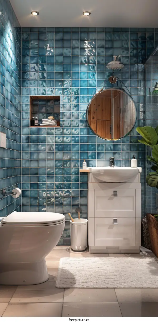Modern Bathroom Interior Design with Blue Tiles