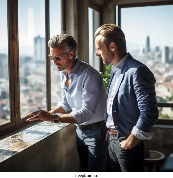 Two businessmen discussing a project in front of a window