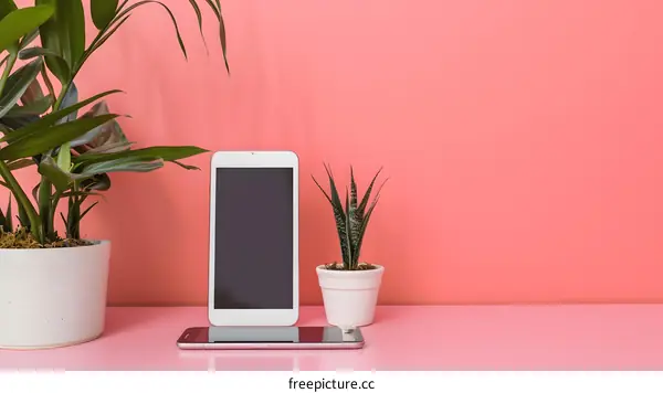 Pink Tabletop With Phone And Plants