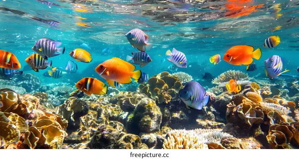 Colorful Tropical Fish Swimming Over Coral Reef