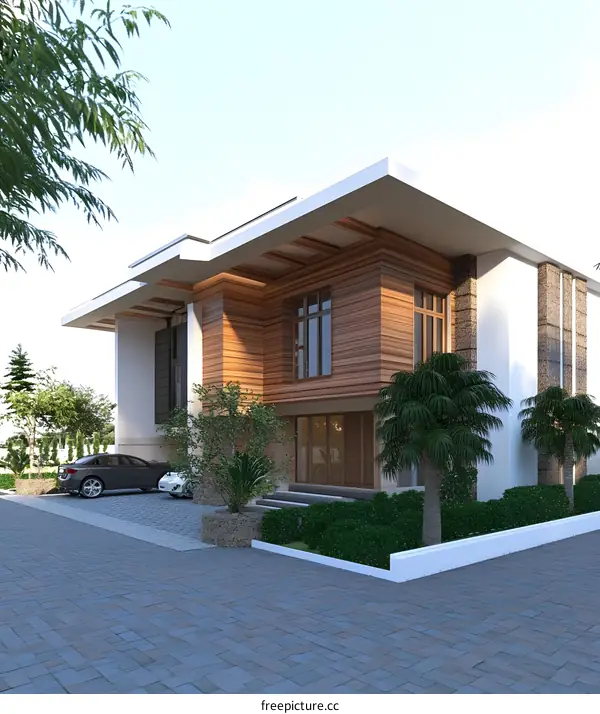 Modern House Design with Wooden Siding and Palm Trees