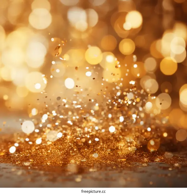 Golden Glitter Falling on a Shimmering Surface with Blurred Lights