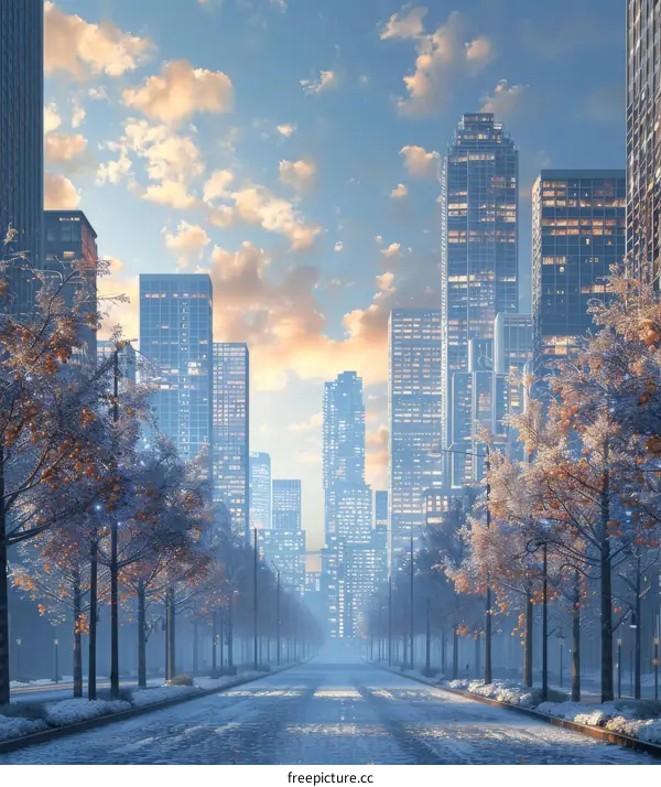 Futuristic Cityscape with Snowy Trees