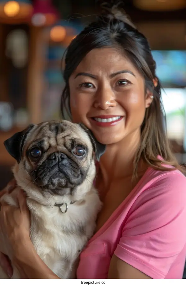 pug dog breed with asian woman smiling