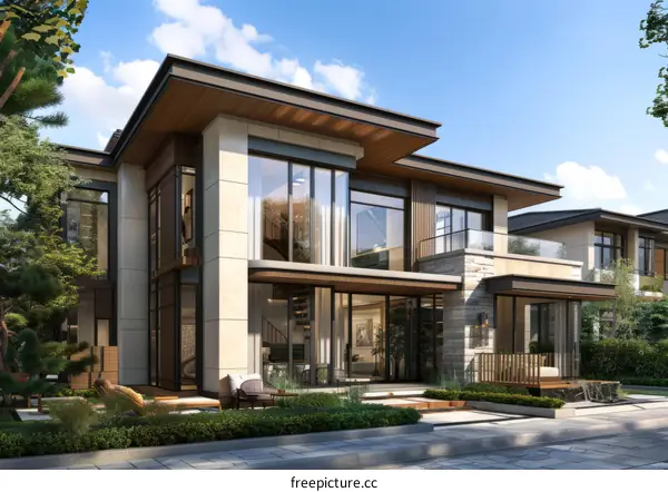 A modern two-story house with a beautiful courtyard