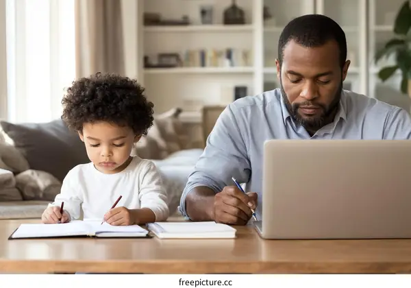 Father and Child Working From Home
