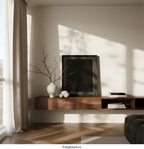 Modern Living Room Interior with Wooden Shelf and Natural Light