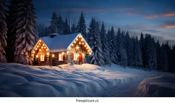 A Tranquil Winter Cabin in a Snowy Forest at Night