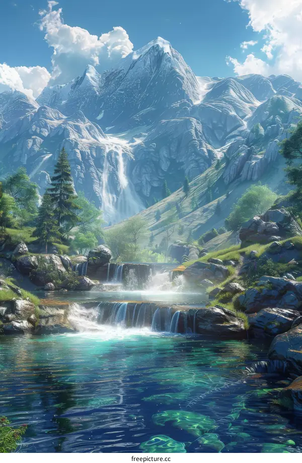 Majestic Mountains with Cascading Waterfalls and a Crystalline River Flowing Through a Serene Valley