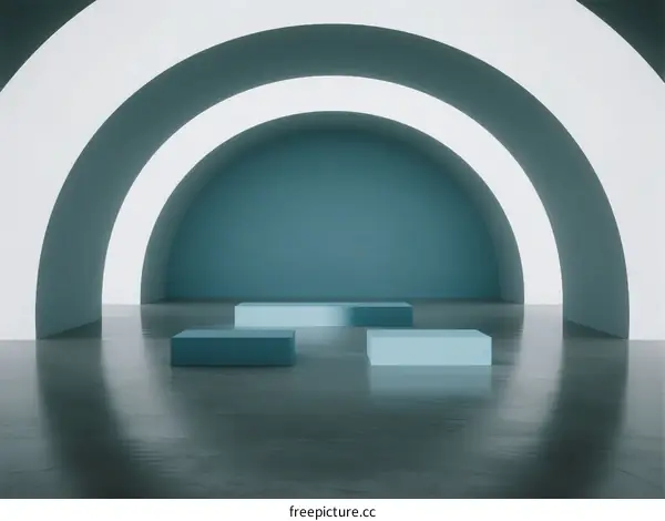 Minimalist Arched Hall with Geometric Platforms and Soft Lighting