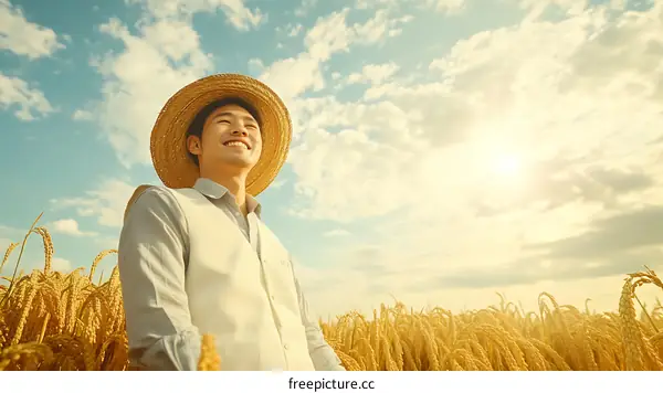 Asian Man in Straw Hat Amidst Golden Wheat Field