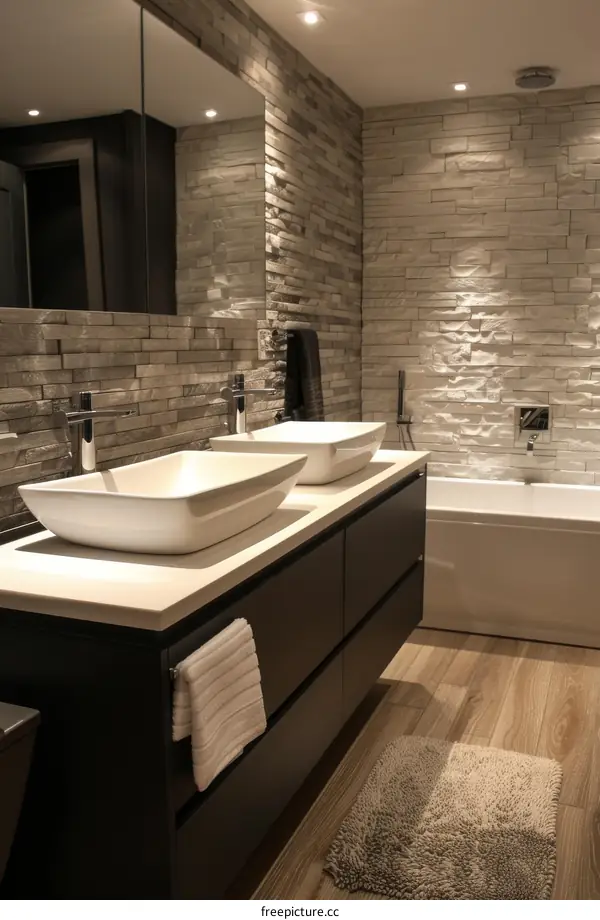 Modern Bathroom Design with Stone Walls and Double Sinks