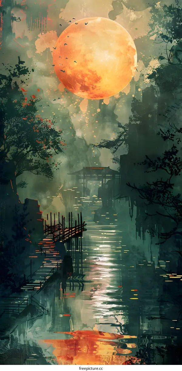 The moon shines on the river and the trees