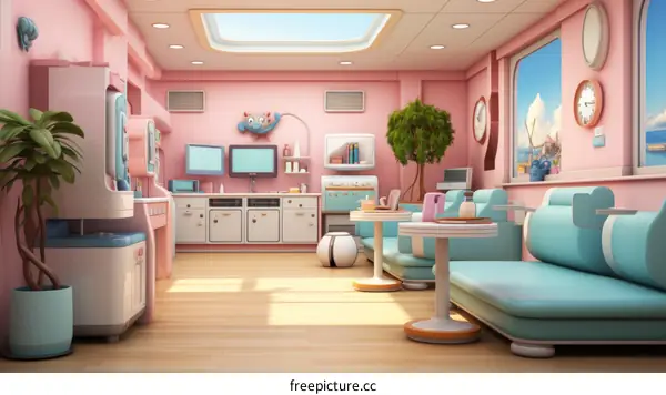 A retro futuristic waiting room with blue and pink colors