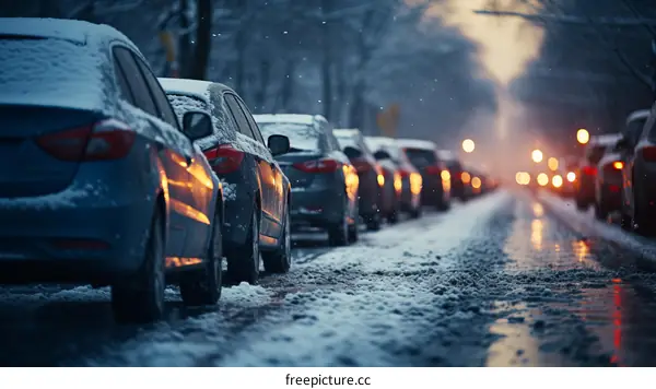 Snowy street with parked cars during the day