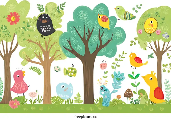 Cute Cartoon Birds and Trees Illustration