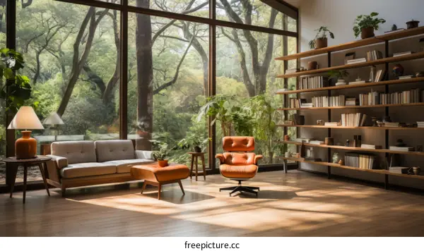 Modern Living Room with Forest View