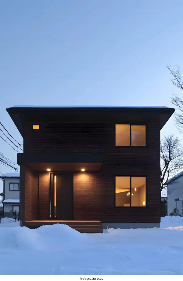 Modern Brick House with Snow Covered Yard at Dusk