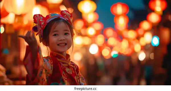 Chinese Girl in Traditional Dress Celebrates Lantern Festival