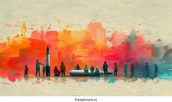 People of all ages and ethnicities gathered around a giant pen in an abstract cityscape