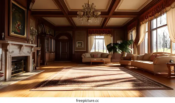 Luxury Living Room with Fireplace and Chandelier