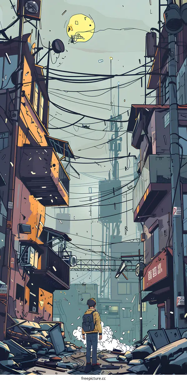 Lonely Figure in a Post Apocalyptic Cityscape