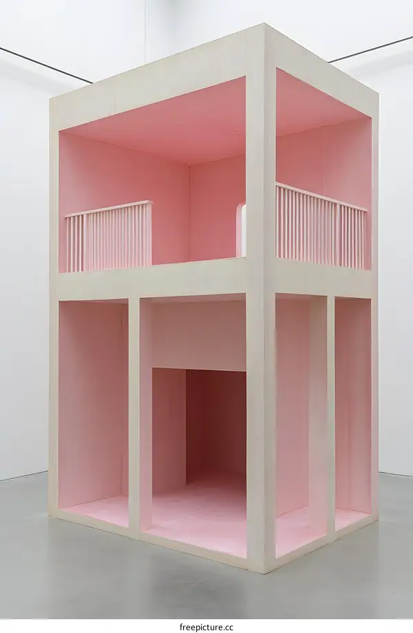 Minimalist Pink Wooden Model House with Two Floors and Balconies