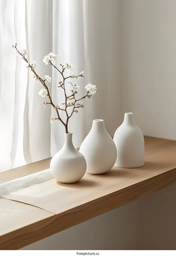 White Vases with Flowers on Windowsill