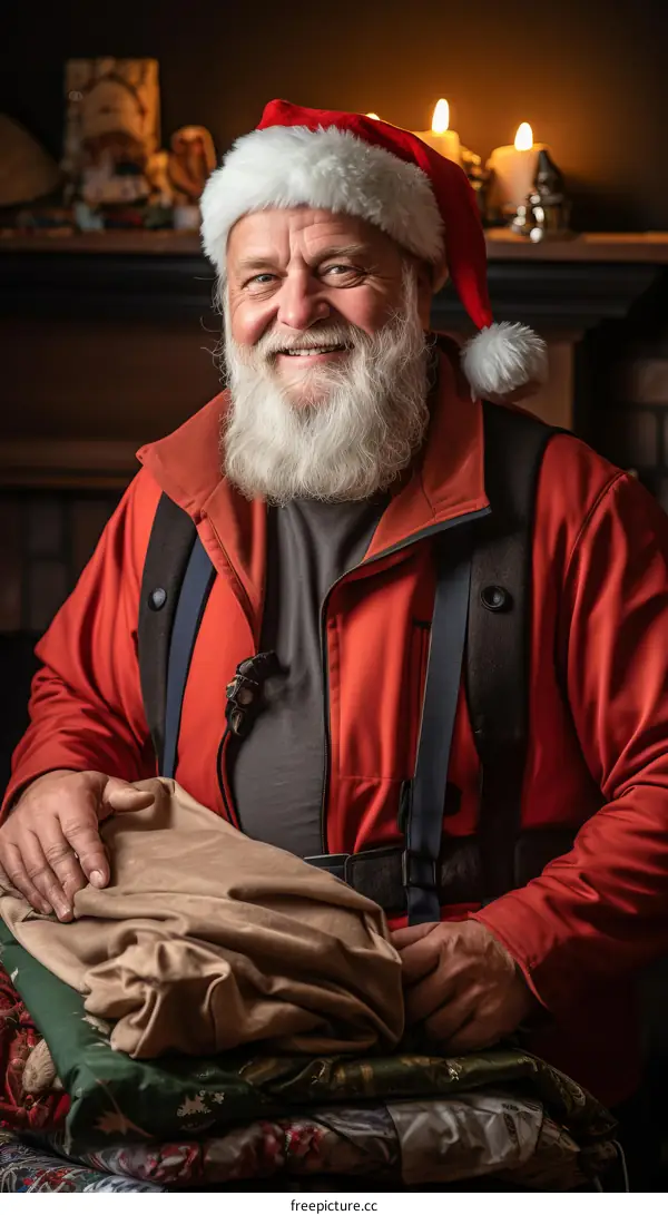 Portrait of a smiling Santa Claus holding a sack full of presents